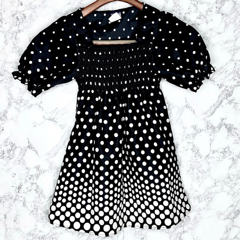 ID Tags Girls 90s Polka Dot Smocked Black & White Puff Sleeve Blouse Size Large - Picture 2 of 6